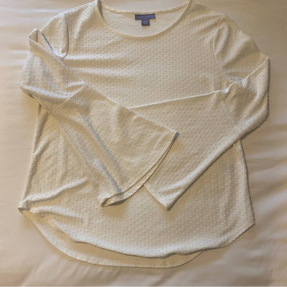 Laura Scott white top with bell sleeves